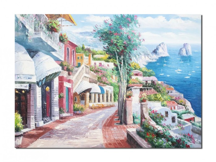 Tablou gigant Capri Italia pictat manual, O zi minunata, 120x90cm ulei pe panza, Valentin Pop