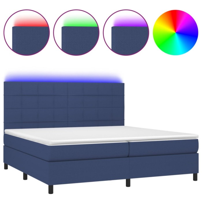 Pat cu arcuri, saltea si LED, albastru, 200x200 cm, textil