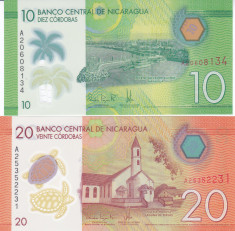 Bancnota Nicaragua 10 si 20 Cordobas 2014 - P209/210 UNC ( polimer , set x2 ) foto