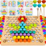 Puzzle Lemn Margele Colorate Kruzzel, Joc Educativ Motricitate, 22x22 cm, Multicolor, Sortare, Pensete, +3 Ani