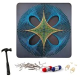 Cumpara ieftin Tablou String Art negru 40 x 40 cm, model geometric cu fire albastre, aurii si verzi, decor modern pentru perete, kit creativ DIY