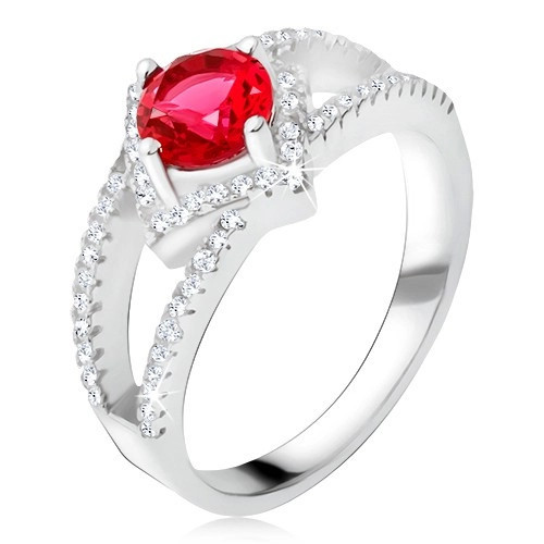 Inel cu braţe bifurcate, ştras roşu, pătrat, argint 925 - Marime inel: 65