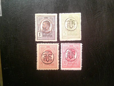 Serie Romania 1918 Carol I supratipar PTT , cu val. 10b in 2 nuante , 4valori foto