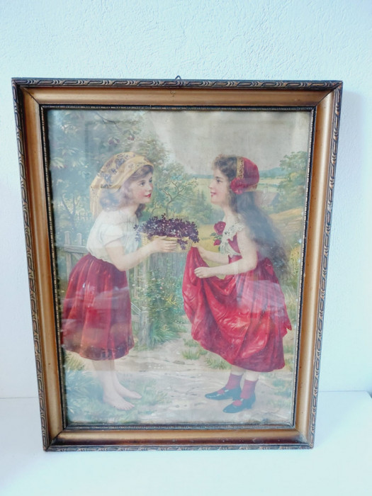 Tablou vechi litografie, fetite cu flori, vintage, rama lemn, 47x37cm