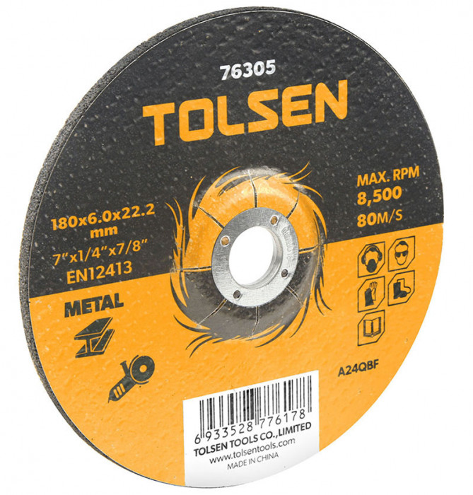 Disc abraziv cu centru coborat metal, 180x6x22 mm, Tolsen
