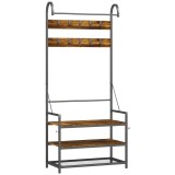 HOMCOM Suport de Haine de Intrare cu Bară, 10 C&acirc;rlige Mobile, Bancă și Raft pentru &Icirc;ncălțăminte, Mobilier &icirc;n Pal și Metal, Design Industrial, 80x40x18