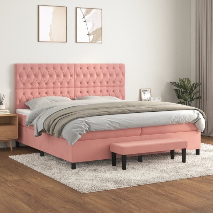 vidaXL Pat box spring cu saltea, roz, 200x200 cm, catifea 3138048