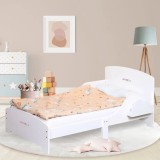Pat Copii cu Protectie Laterala si Raft Depozitare Carti si Jucarii, Model Norisor, Patut pentru Baieti si Fetite Varsta de 3 - 8 Ani, Mobilier din Le