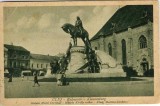 CP1875N Cluj - Kolozsv&aacute;r - Klausenburg/Statuia Matei Corvinul - M&aacute;ty&aacute;s Kir&aacute;ly szobor - K&ouml;nig Mathias-Denkmal, carte poștală circulată Ghelar, 1927