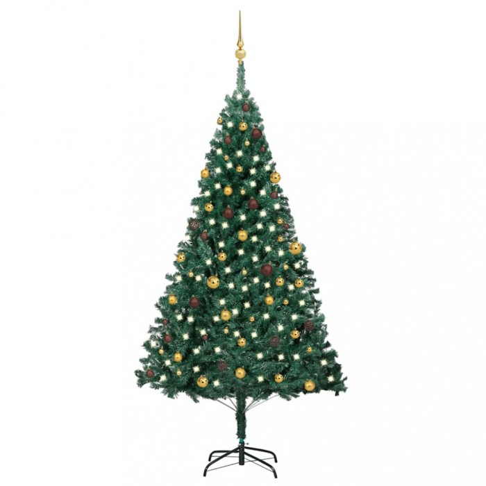 Brad Crăciun artificial pre-iluminat, set globuri, verde 240 cm