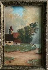 Tablou vechi, T, Diamisian (?) 1930, ulei pe carton, 47 x 32, pictura veche arta semnata biserica tema religioasa