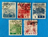 Japonia 1945-1946 Emisiuni Clasice de Dupa Razboi Muntele Fuji Pagoda Nikko Statuia Kwannon Lot 5 Timbre Ștampilat - Oref1