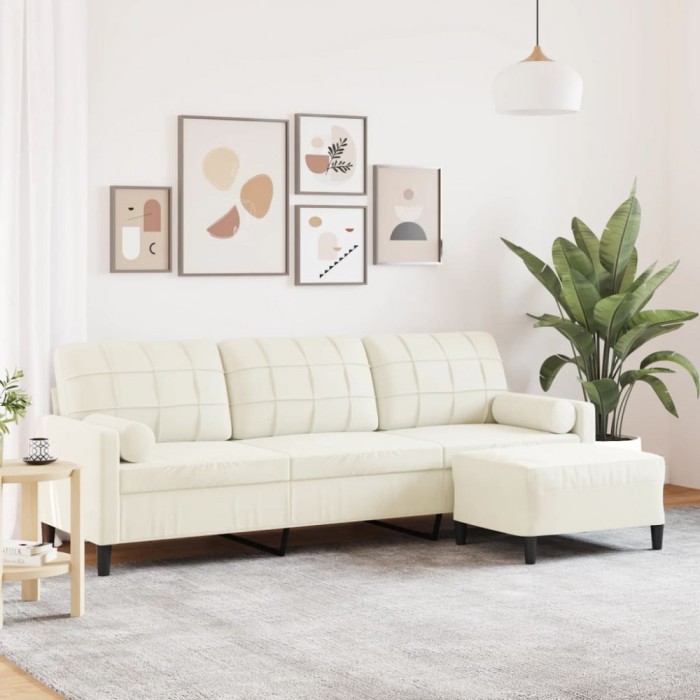 vidaXL Canapea cu 3 locuri și taburet, crem, 210 cm, catifea 3278285