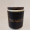 Borcan / vas ceramic vintage, imbracat in piele (sintetica) imprimata cu TOBACCO, capac de lemn si pluta