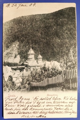 Manastirea Sinaia - Prahova - 1904 - clasica - circulata - printata - timbre foto