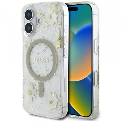 Husa MagSafe pentru Apple iPhone 16, Guess, Resin Flowers and Glitter, Bej foto