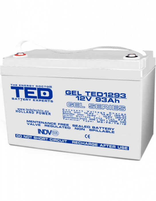 Acumulator AGM VRLA 12V 93A GEL Deep Cycle 306mm x 167mm x h 212mm F12 M8 TED Battery Expert Holland TED003485 (1) SafetyGuard Surveillance