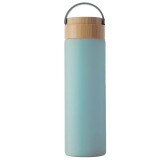 Sticla termos metalica Pufo Traveler cu capac etans din bambus, izoterm, 500 ml, albastru