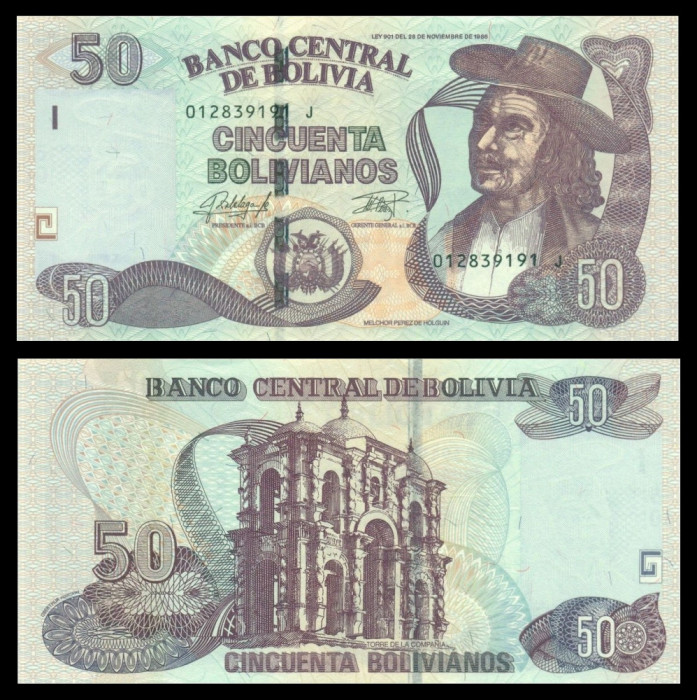 BOLIVIA █ bancnota █ 50 Bolivianos █ 1986 (2015) P-245 Serie J UNC necirculata