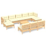 Cumpara ieftin Set mobilier gradina cu perne crem, 11 piese, lemn de pin