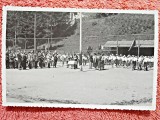 Fotografie tip carte postala, festivitate cu participarea militarilor si strajerilor, perioada interbelica