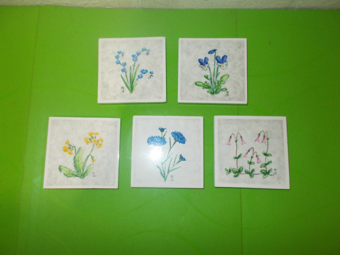 Lot de cinci placute vechi de FAIANTA pictate manual cu flori , semnate