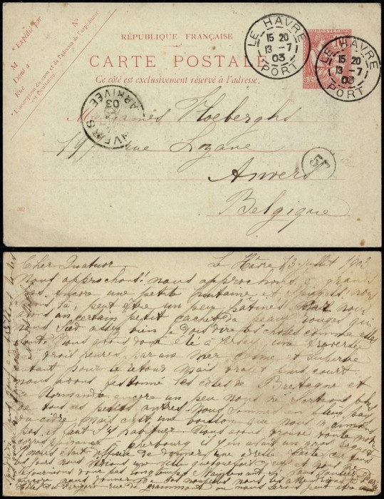 France 1903 Old postcard Postal stationery Le Havre to Antwerp D.631