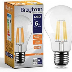 Bec LED filament 6W (50W), E27, A60, 660lm, lumina calda (2700K), BRAYTRON