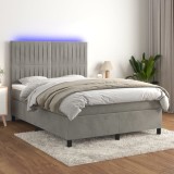 VidaXL Pat cu arcuri, saltea și LED, gri deschis, 140x200 cm, catifea 3136245