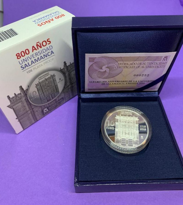 SPANIA 10 EURO - 2018 &ldquo;800 de ani &ndash;Universitatea Salamanca&rdquo; Ag 925 /27 gr /Proof