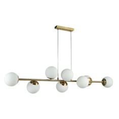 Lustra LED suspendata, model Bali, 8 becuri, baza 20x5 cm, 35W, metal si sticla, IP20, alb/auriu