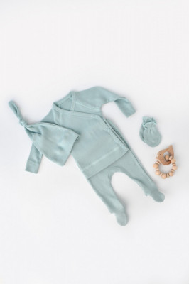 Set 4 piese: bluza, pantaloni, caciulita si manusi din bumbac organic si modal - Mint, BabyCosy (Marime: 6-9 luni) foto