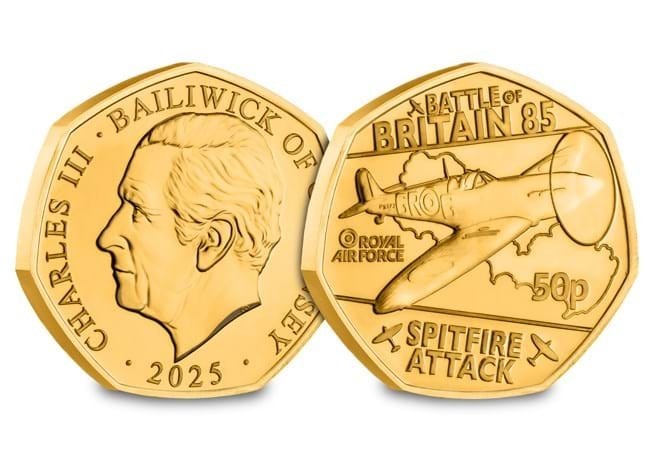 Guernsey - 2025 RAF Spifire Attack 50p - Moneda Comemorativa - placata cu aur