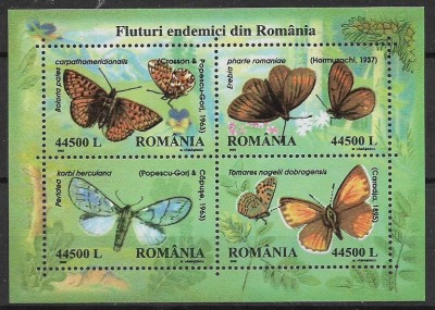 2002, LP 1591-Fluturi endemici-bloc de 4 timbre foto