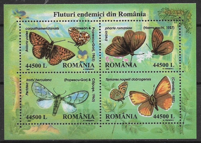 2002, LP 1591-Fluturi endemici-bloc de 4 timbre