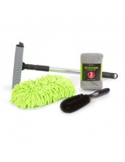 Set intretinere auto 3 lavete cu microfibre, racleta si burete pentru curatat jenti
