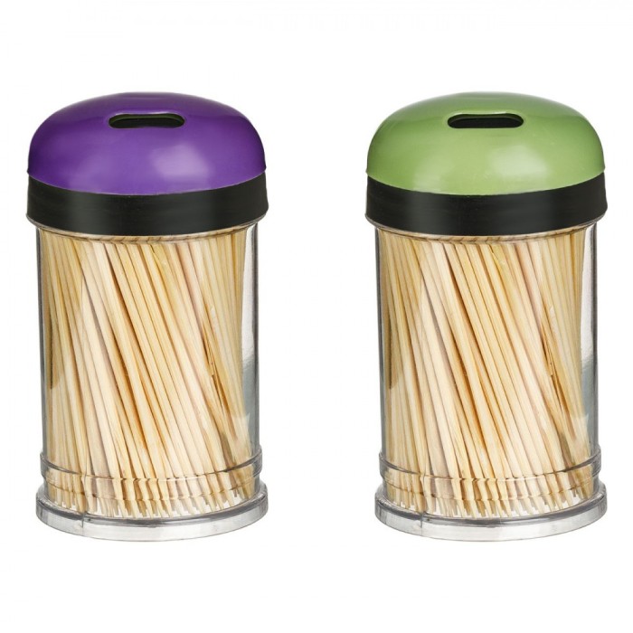 Set Recipiente Scobitori, 2 Bucăți, Bambus, Capace Mov și Verde, Diametru 4cm x &Icirc;nălțime 7cm