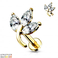 Piercing din oțel 316L pentru ureche, bărbie, buză - trei frunze cu zirconi transparente, filet interior, placat cu rodiu, 6 mm - Culoare: Arămiu