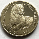 COOK ISLANDS 5 DOLLARS 1990 PROOF, ( ENDANGERED WORLD WILDLIFE - TIGER.)