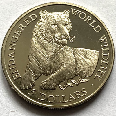 COOK ISLANDS 5 DOLLARS 1990 PROOF, ( ENDANGERED WORLD WILDLIFE - TIGER.) foto