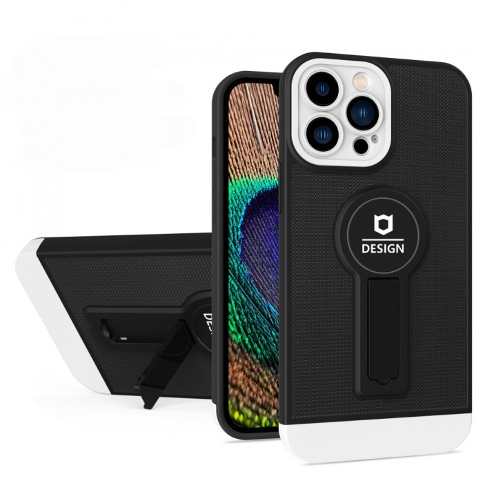 Husa armor design cu stand pentru apple iphone 14 (6.1) negru/alb, suport auto magnetic, protectie antisoc, flippy