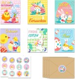 Cumpara ieftin Set de 12 felicitari pentru Paste 10x12 cm, cu design vesel, in limba germana, cu 12 plicuri si 3 coli de autocolante Paste Multicolor Hartie 10 cm 10, Oem