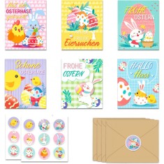 Set de 12 felicitari pentru Paste 10x12 cm, cu design vesel, in limba germana, cu 12 plicuri si 3 coli de autocolante Paste Multicolor Hartie 10 cm 10