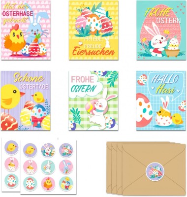 Set de 12 felicitari pentru Paste 10x12 cm, cu design vesel, in limba germana, cu 12 plicuri si 3 coli de autocolante Paste Multicolor Hartie 10 cm 10 foto