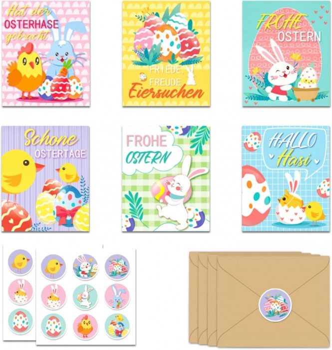 Set de 12 felicitari pentru Paste 10x12 cm, cu design vesel, in limba germana, cu 12 plicuri si 3 coli de autocolante Paste Multicolor Hartie 10 cm 10