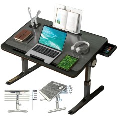 Stand laptop multifunctional tip masuta, Linomag&reg;, Reglabil, Pliabil, 60cm x 40cm x 27cm ~ 40cm, Suport carte, Suport tableta, Sertar depozitare, Negr