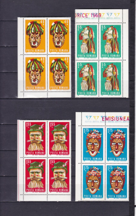 ROMANIA 1969 LP 714 MASTI FOLCLORICE BLOCURI DE 4 TIMBRE MNH