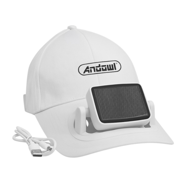 Sapca cu ventilator, panou solar integrat, USB, reglabila, alba
