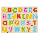 Puzzle incastru realizat din lemn multicolor, litere majuscule, pentru copii, 30 x 22,5 cm