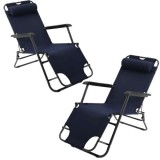 Set, 2 buc Sezlong cu Tetiera, Cadru Metalic si Panza Oxford 600D Impermeabila, rezistent UV, Mag 150 kg, 178x60x79 cm, Navi Blu